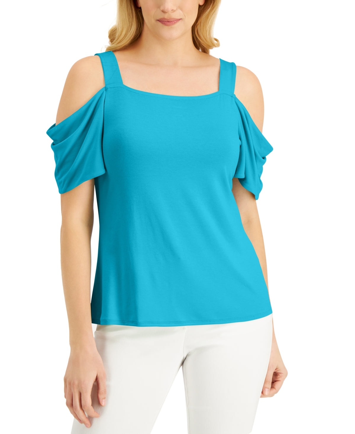 JM Collection Women's Cold Shoulder Top Blue Size Small