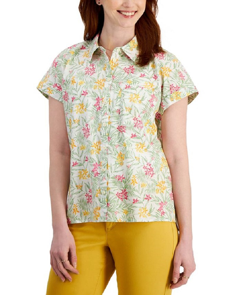 Style & Co Women's Cotton Printed Camp Shirt White Size Large