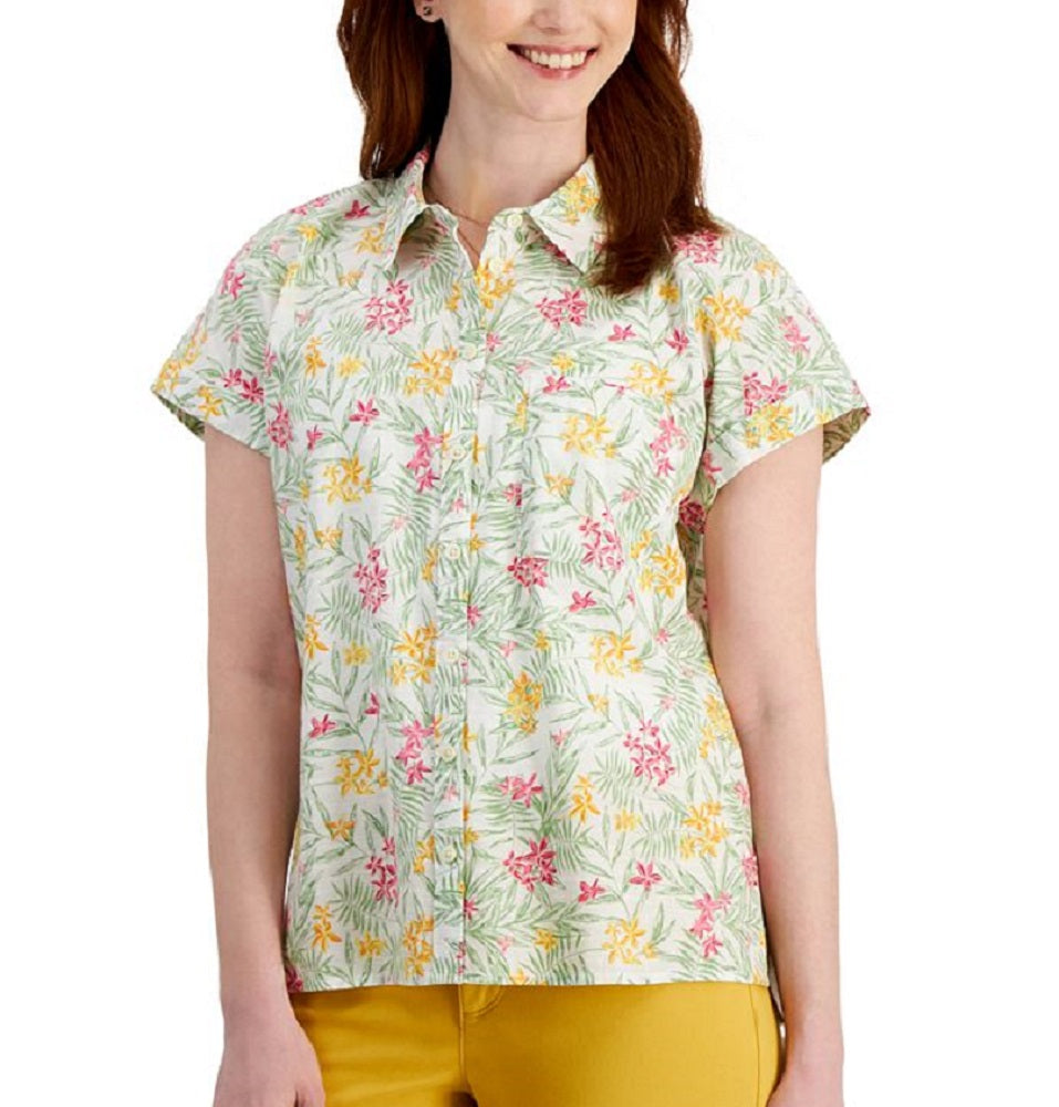 Style & Co Women's Cotton Printed Camp Shirt White Size Large