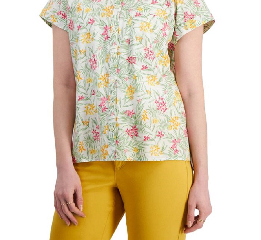 Style & Co Women's Cotton Printed Camp Shirt White Size Large