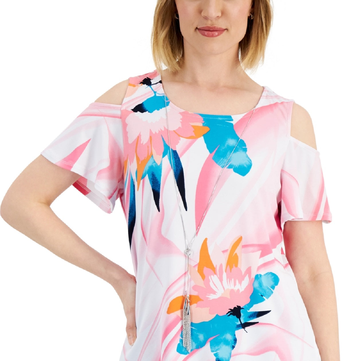 JM Collection Women's Printed Cold Shoulder Top Pink Size Small