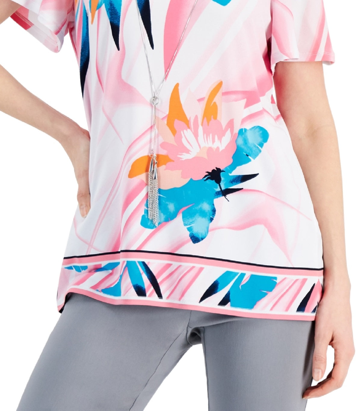 JM Collection Women's Printed Cold Shoulder Top Pink Size Small