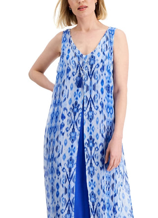 JM Collection Women's Printed Chiffon Overlay Maxi Dress Blue Size Medium