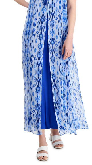 JM Collection Women's Printed Chiffon Overlay Maxi Dress Blue Size Medium