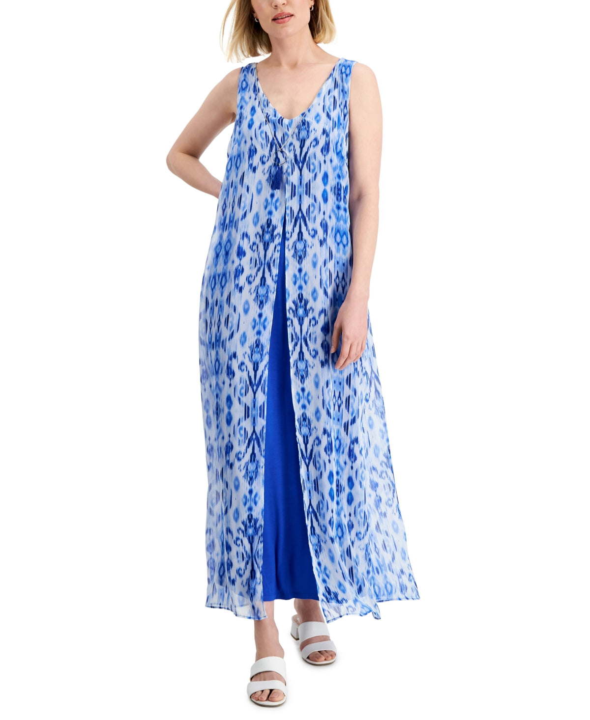 JM Collection Women's Printed Chiffon Overlay Maxi Dress Blue Size Medium