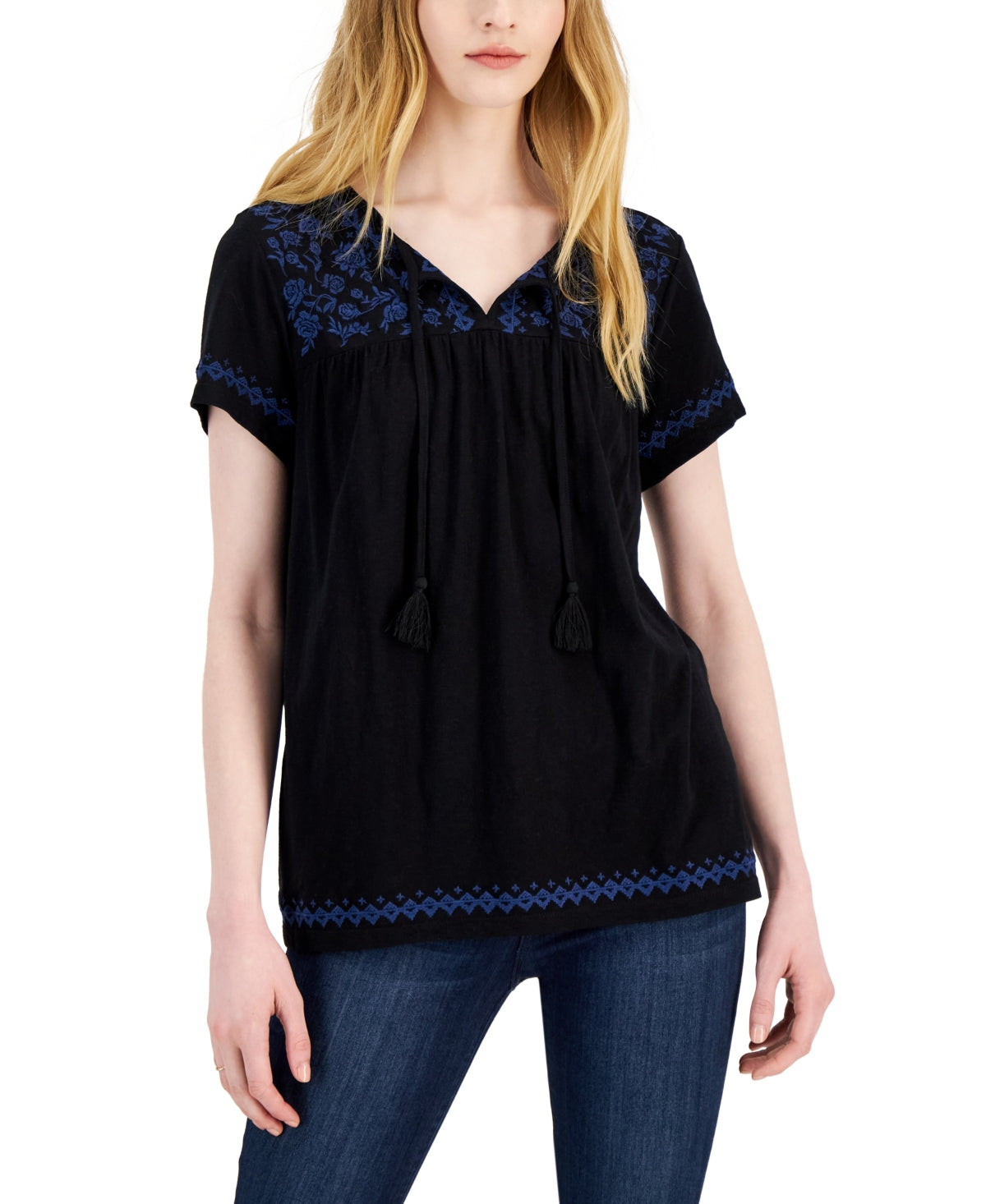 Style & Co Women's Embroidered Split Neckline Top Black Size Small