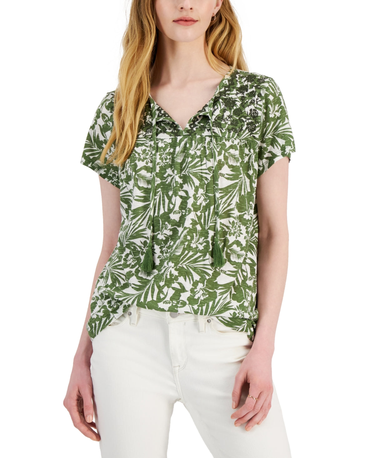 Style & Co Women's Printed Embroidered Tassel Tie Top Green Size Medium