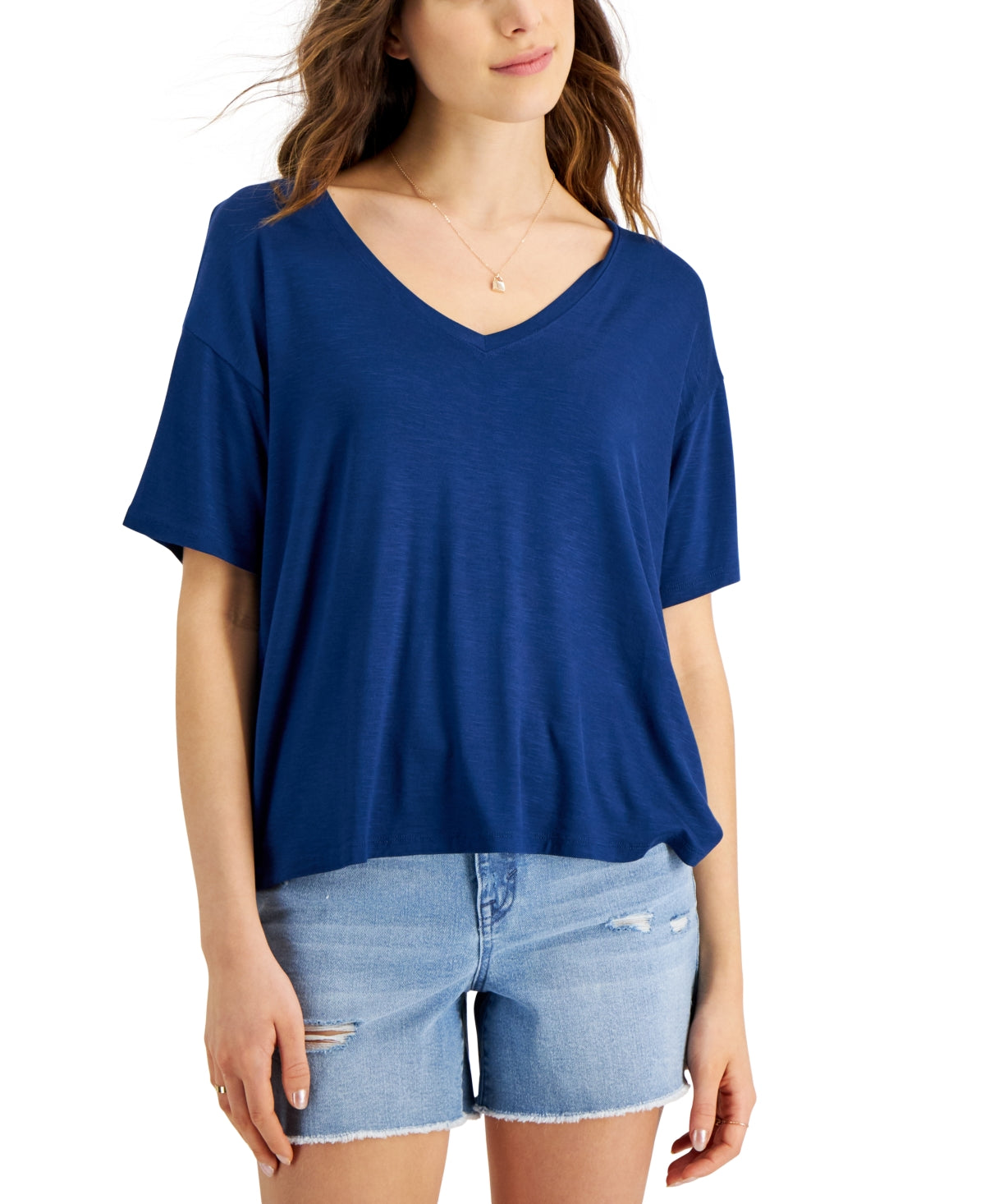 Style & Co Women's Drapey V Neck T-Shirt Blue Size X-Small