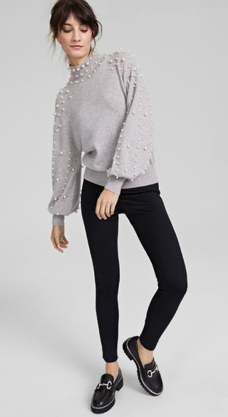 Charter Club Women's Cashmere Pearl Mock Neck Sweater Gray Size Medium