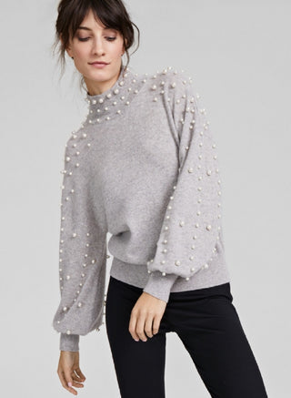 Charter Club Women's Cashmere Pearl Mock Neck Sweater Gray Size Medium