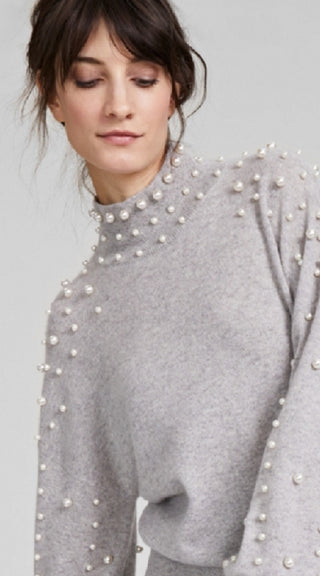 Charter Club Women's Cashmere Pearl Mock Neck Sweater Gray Size Medium