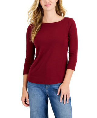Charter Club Women's Pima Cotton Button Shoulder Top Red Size Petite X-Large