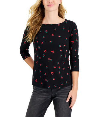 Charter Club Women's Cotton Floral Print Boat Neck Top Black Size Petite X-Small