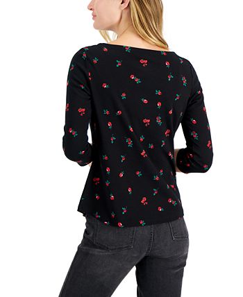 Charter Club Women's Cotton Floral Print Boat Neck Top Black Size Petite X-Small