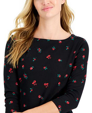 Charter Club Women's Cotton Floral Print Boat Neck Top Black Size Petite X-Small