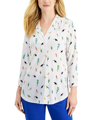 Charter Club Women's Jungle Bird Blouse White Size Petite Small