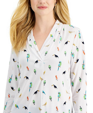 Charter Club Women's Jungle Bird Blouse White Size Petite Small