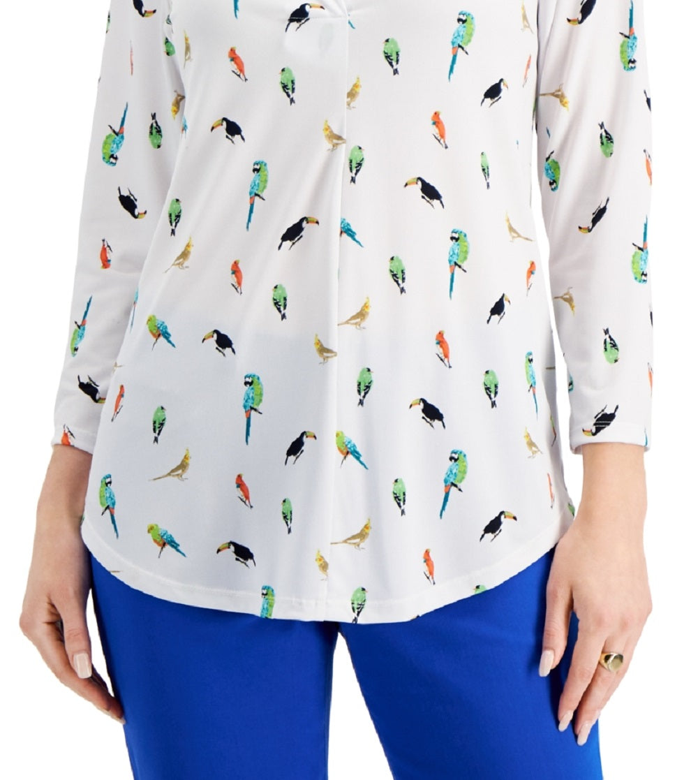 Charter Club Women's Jungle Bird Blouse White Size Petite Small