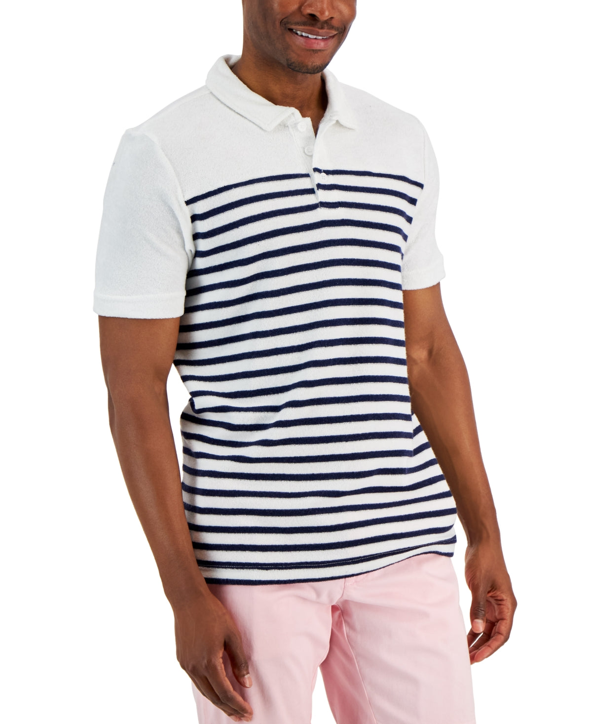 Club Room Men's Slim Reverse Terry Stripe Print Polo T-Shirt White Size X-Large