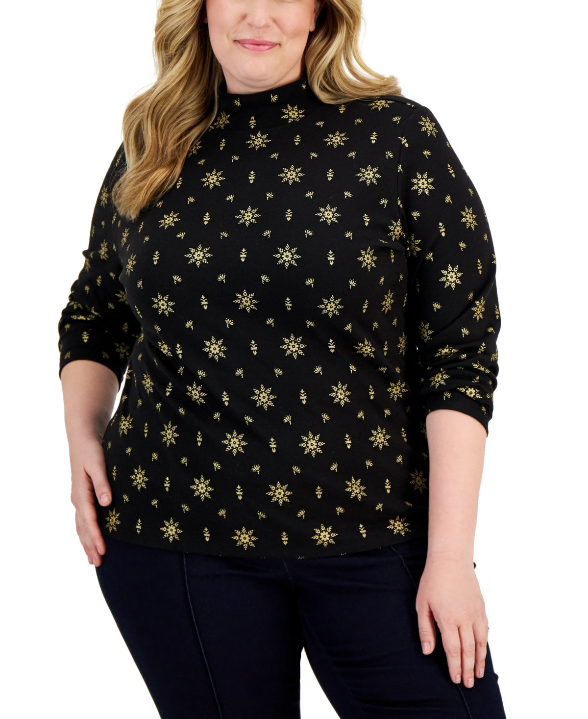 Karen Scott Women's Holiday Printed Mock Neck Top Black Size 0X