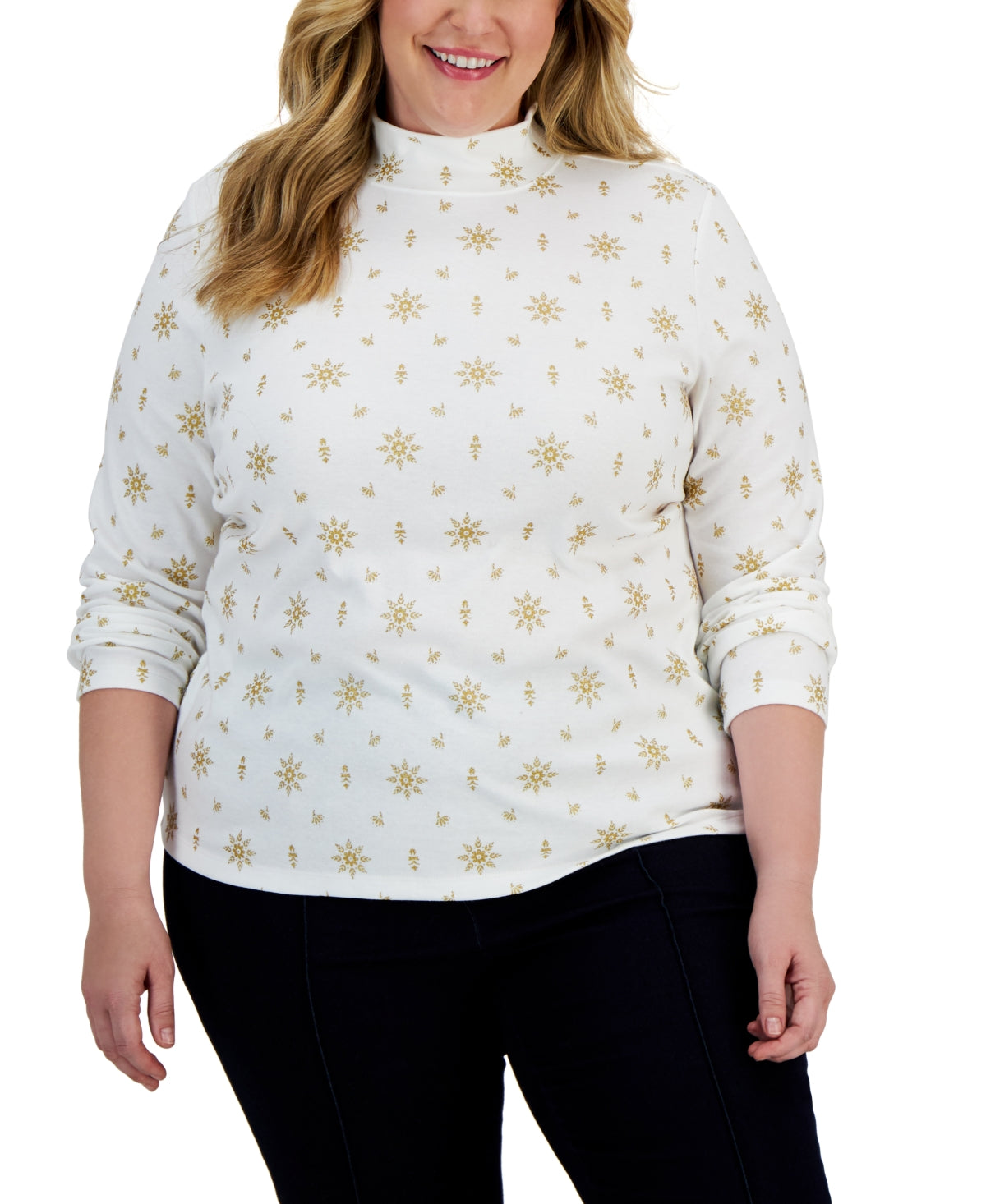 Karen Scott Women's Holiday Printed Mock Neck Top White Size 1X