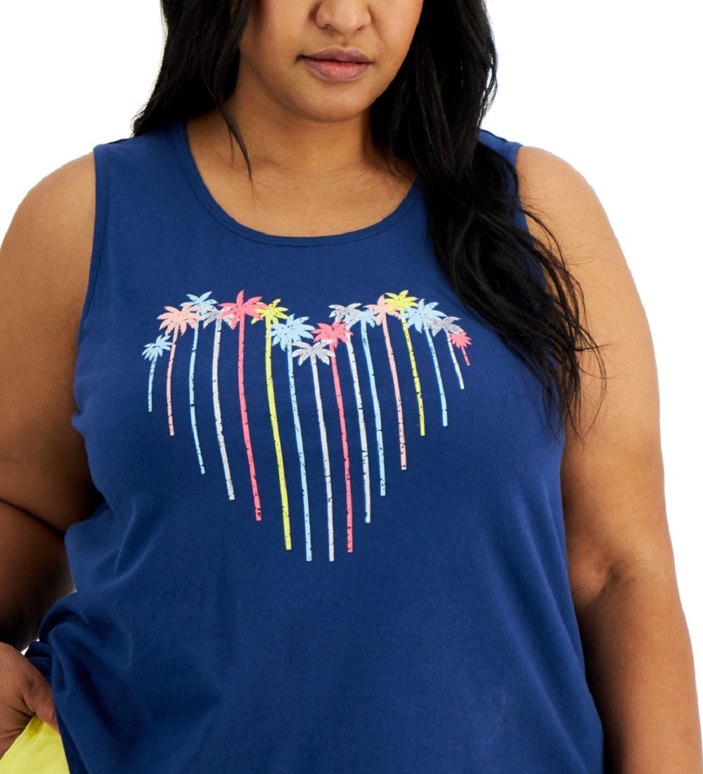 Style & Co Women's Cotton Palm Heart Printed Tank Blue Size 3X