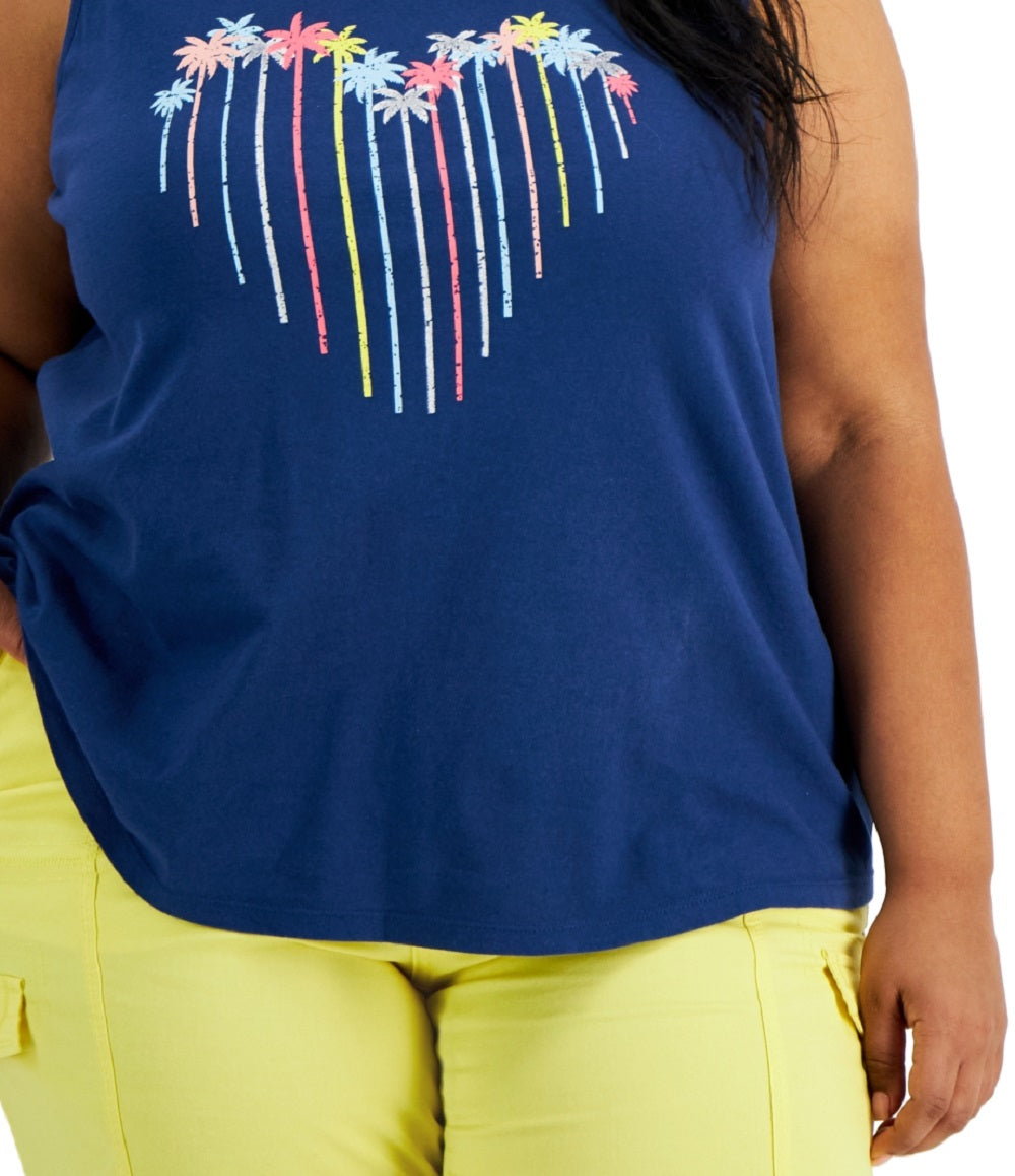 Style & Co Women's Cotton Palm Heart Printed Tank Blue Size 3X