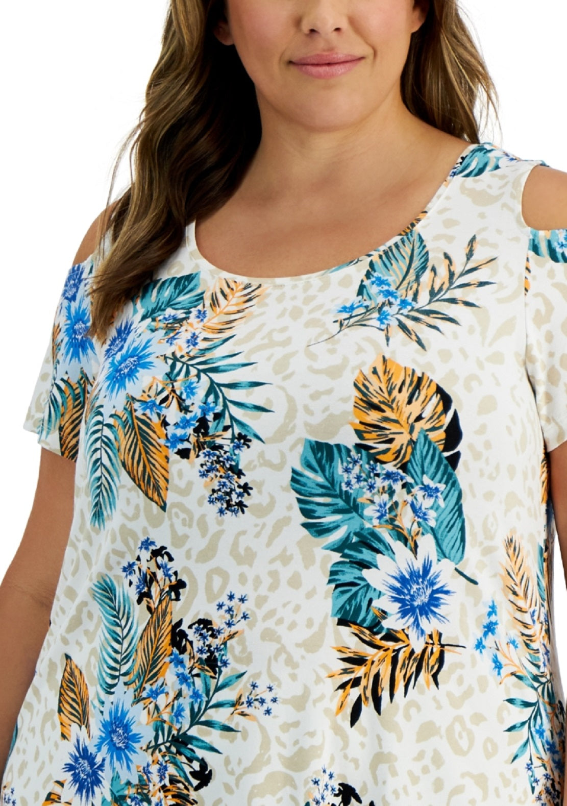 JM Collection Women's Plus Tropical Wilderness Top White Size 0X