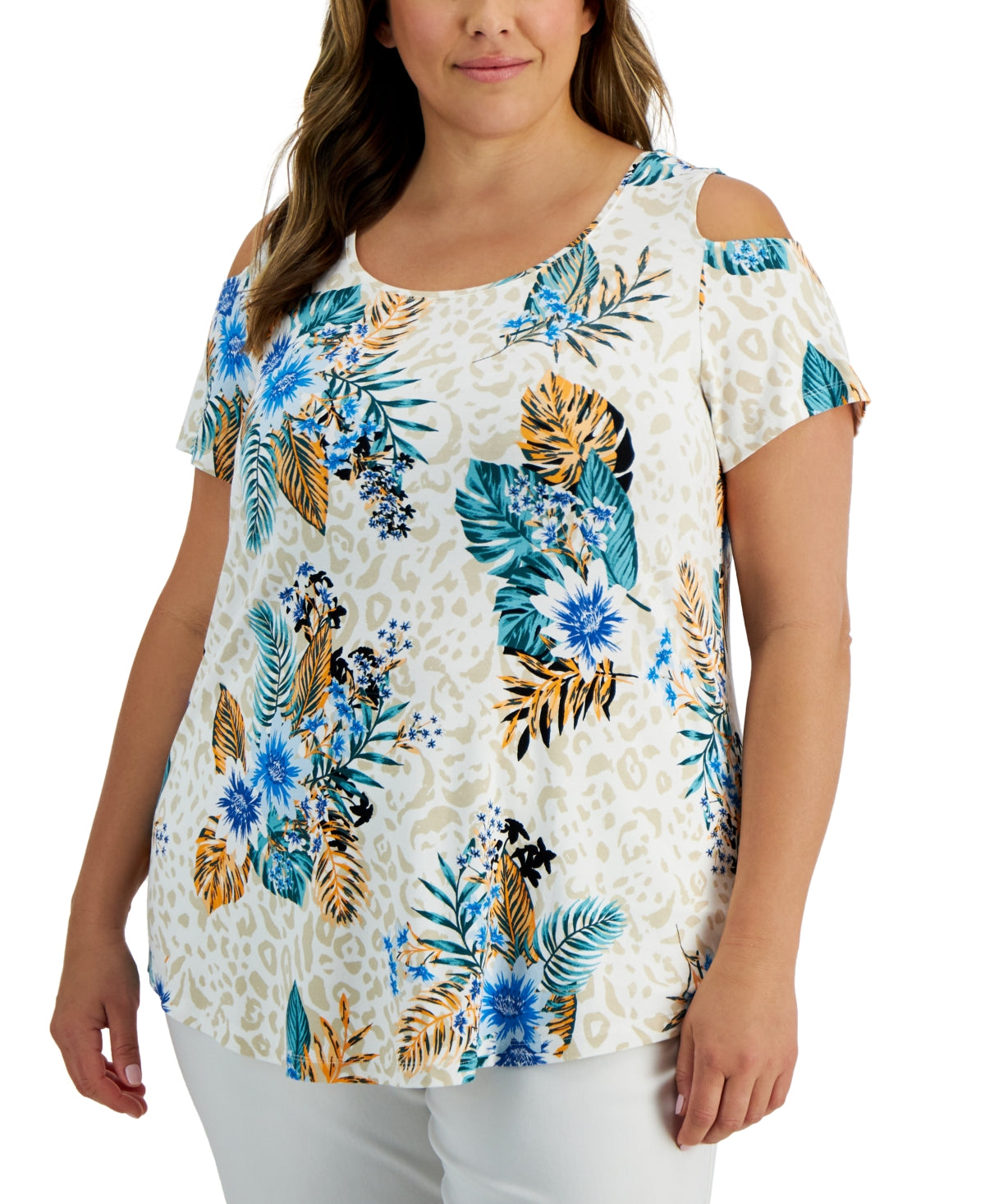 JM Collection Women's Plus Tropical Wilderness Top White Size 0X