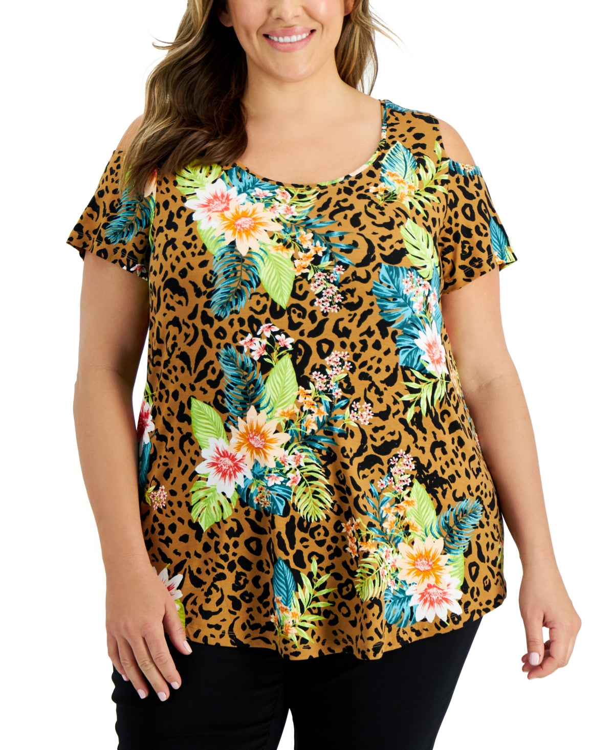JM Collection Women's Tropical Wilderness Top Brown Size 0X