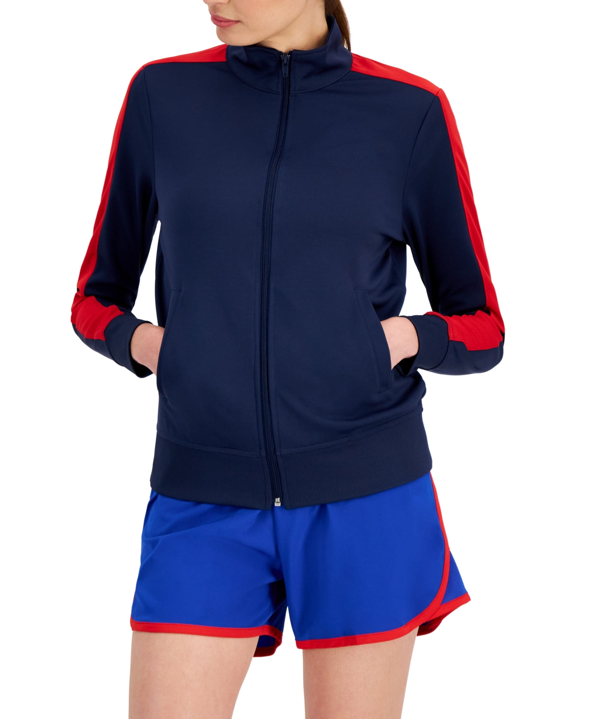 ID Ideology Women's Zip Striped Sleeve Track Jacket Blue Size Medium