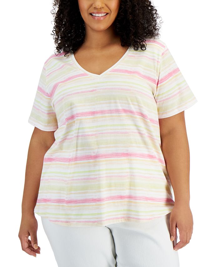 Style & Co Women's Cotton Striped Tee Pink Size 3X