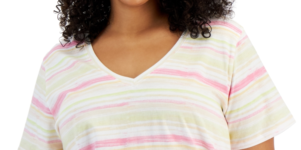 Style & Co Women's Plus Cotton Striped Tee Pink Size 0X