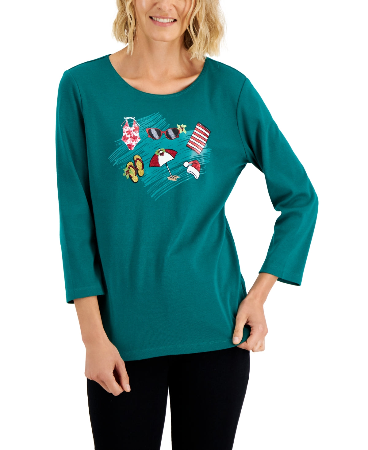 Karen Scott Womens Holiday Beach Top Green Size Small