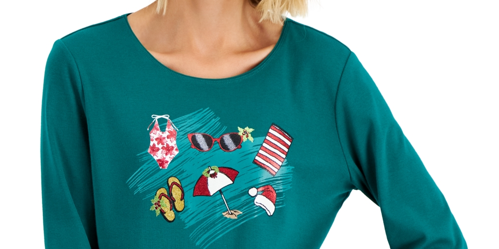 Karen Scott Women's Holiday Beach Top Green Size Large