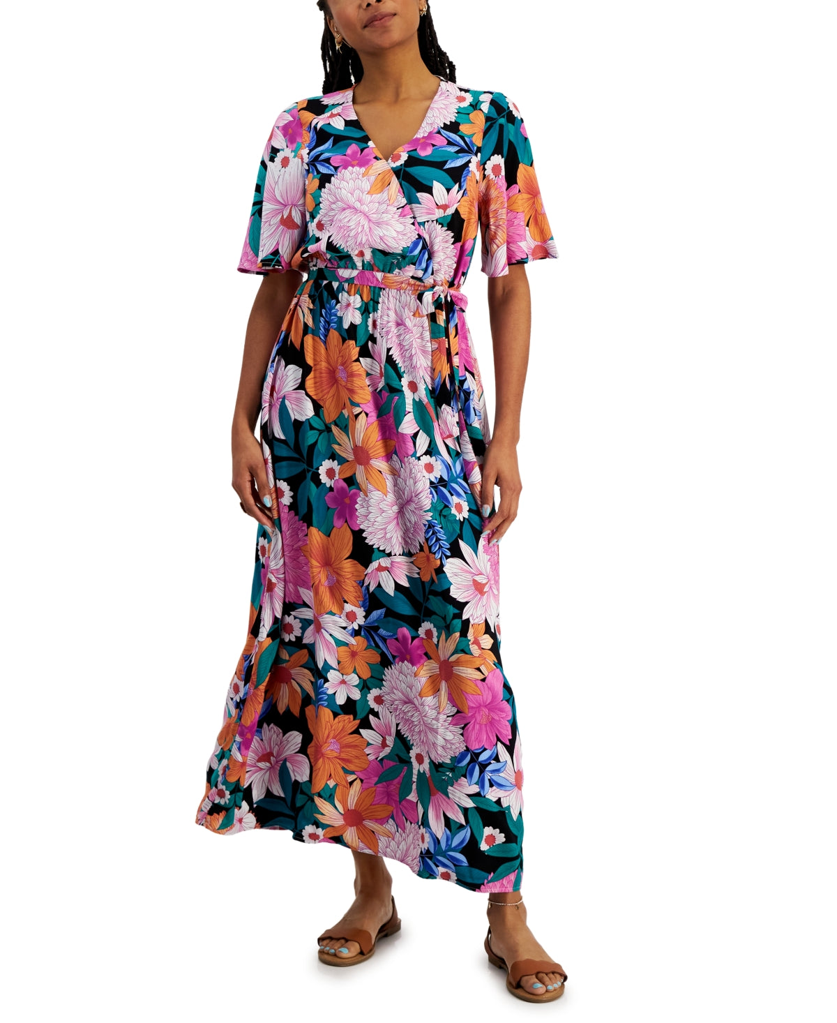 INC International Concepts Women's Printed Surplice Maxi Dress Black Size Petite M