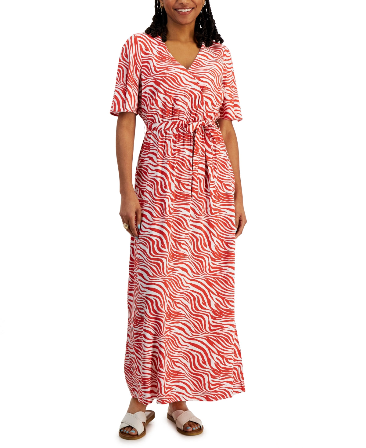 INC International Concepts Women's Printed Surplice Maxi Dress Orange Size Petite Small
