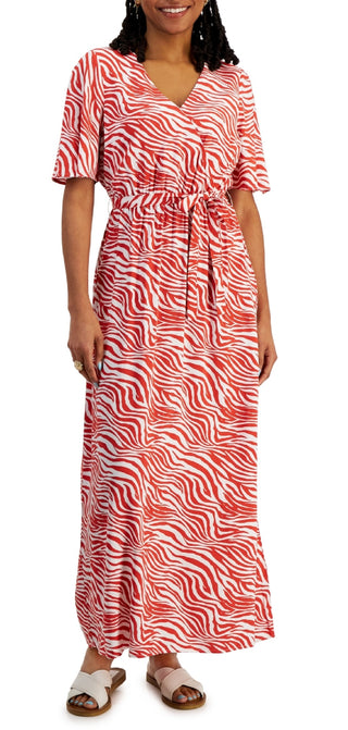INC International Concepts Women's Printed Surplice Maxi Dress Orange Size Petite Small