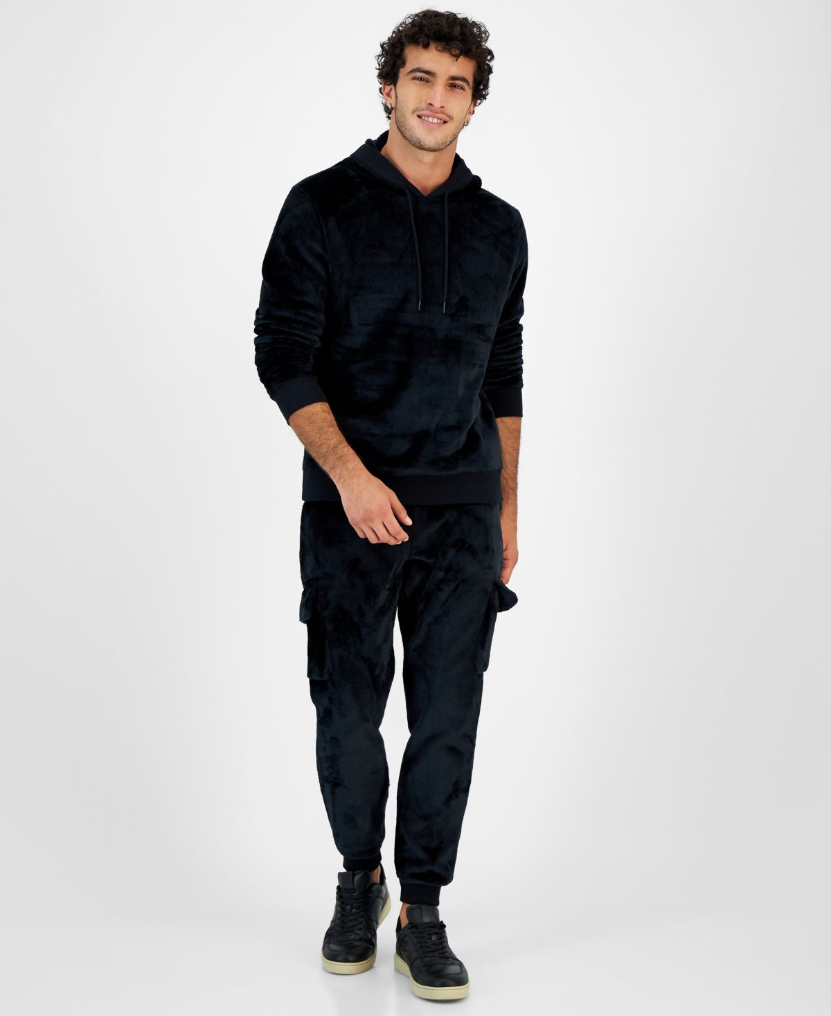 INC International Concepts Men's Regular Fit Ribbed Velour Hoodie Black Size X-Small