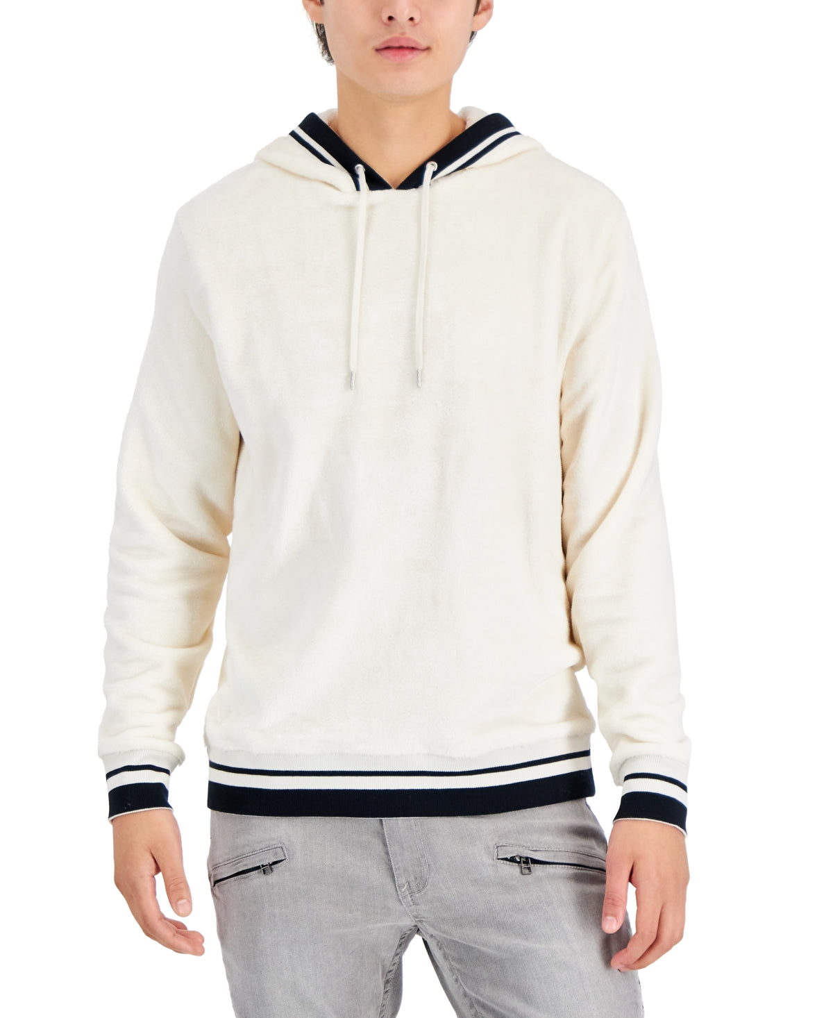INC International Concepts Men's Regular Fit Ribbed Velour Hoodie White Size X-Large