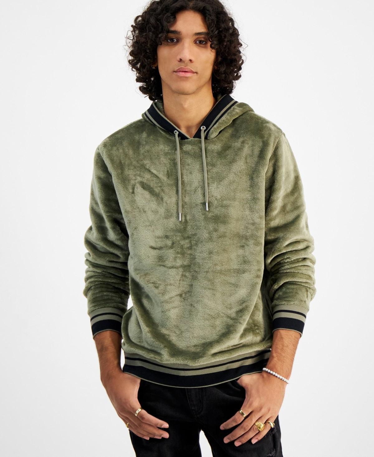 INC International Concepts Men's Regular Fit Ribbed Velour Hoodie Green Size Small