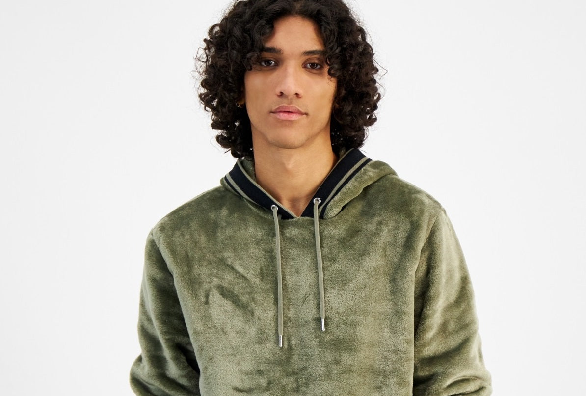 INC International Concepts Men's Regular Fit Ribbed Velour Hoodie Green Size Small