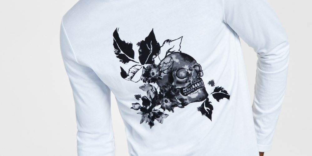 INC International Concepts Men's Devon Classic Fit Floral Skull Graphic Long Sleeve T Shirt White Size Large