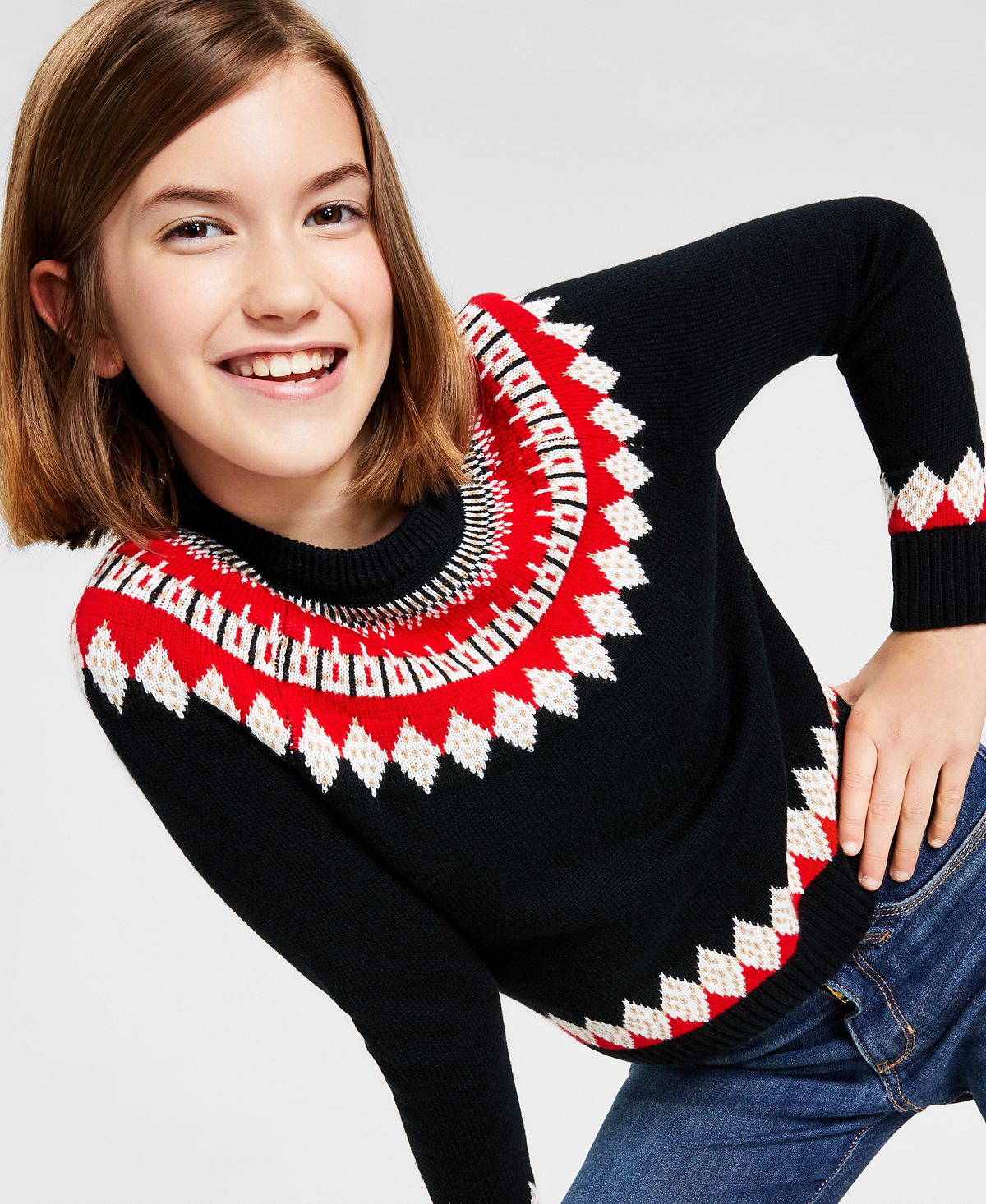 Charter Club Big Girl's Fair Isle Mock Neck Holiday Sweater Black Size Large