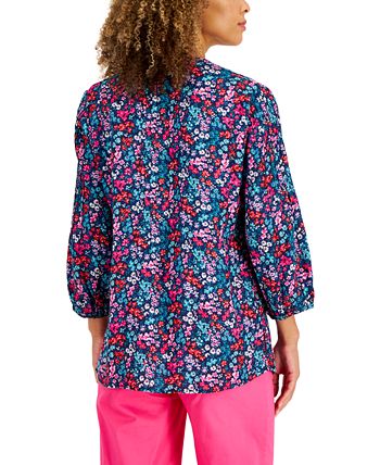 Charter Club Women's Garden Print Linen Tunic Blue Size X-Large
