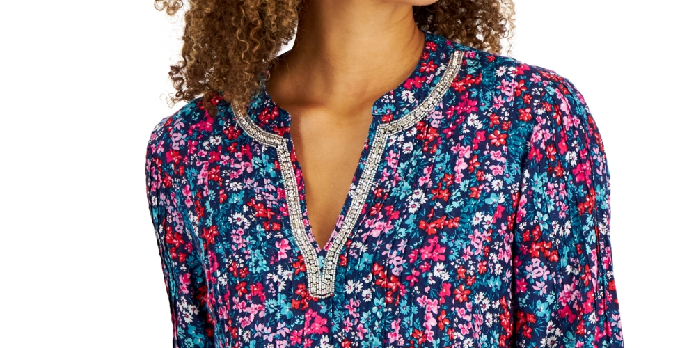 Charter Club Women's Garden Print Linen Tunic Blue Size X-Large