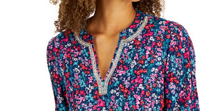 Charter Club Women's Garden Print Linen Tunic Blue Size X-Large