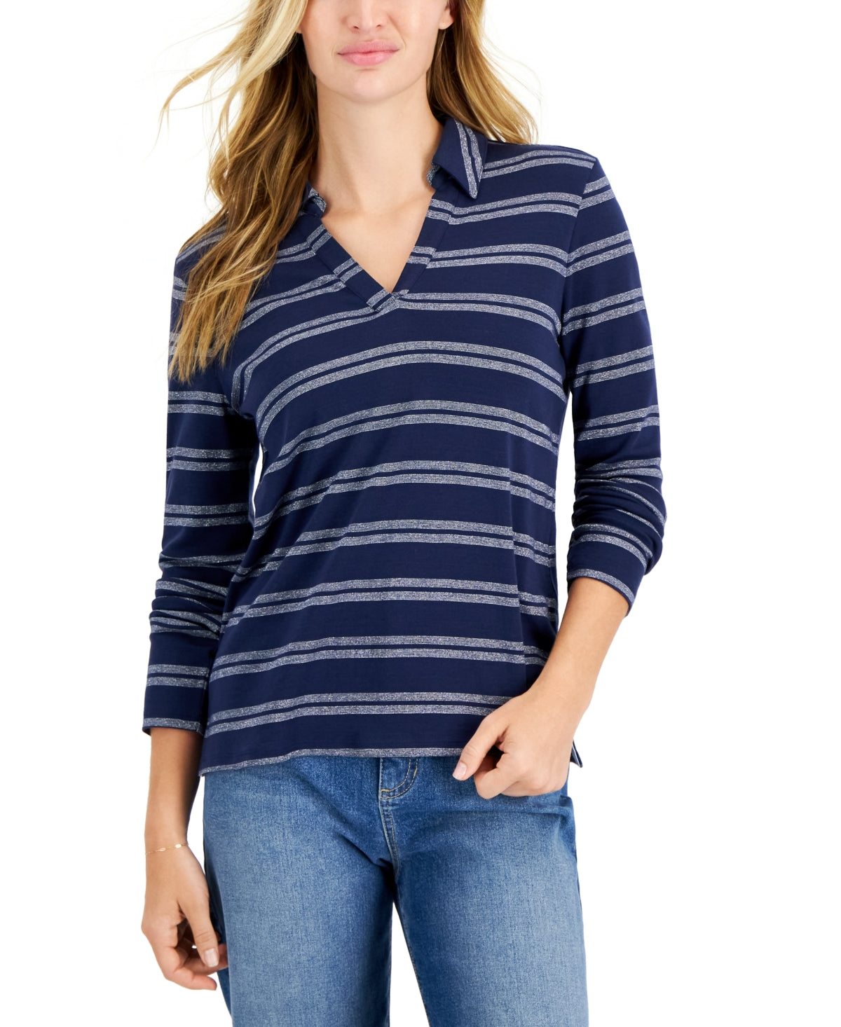 Charter Club Women's Split Neck Collared Top Blue Size Large
