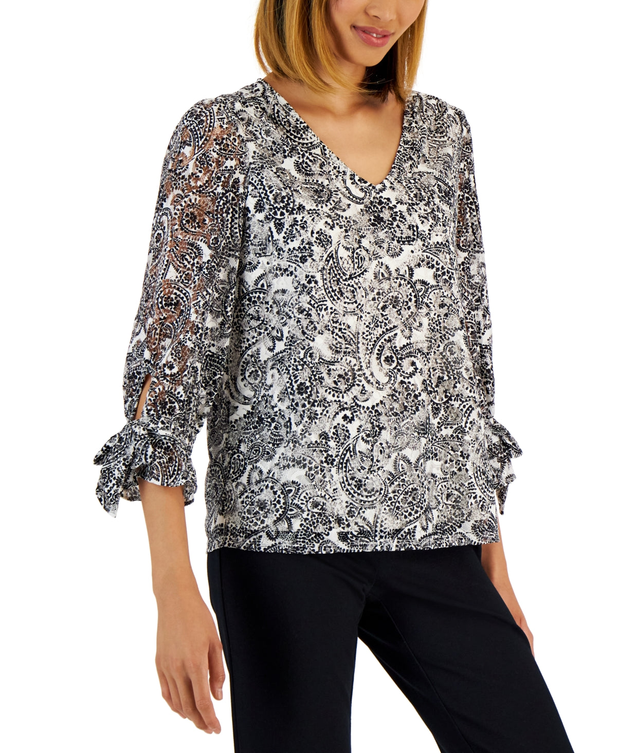Charter Club Women's Paisley Print Lace Top Black Size Medium
