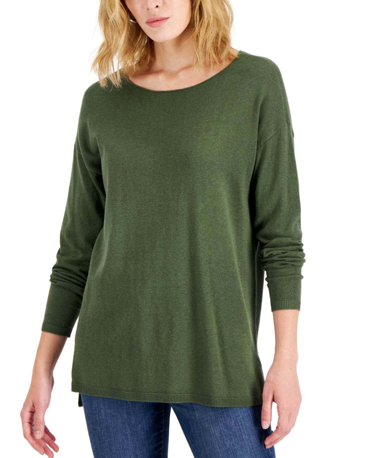 INC International Concepts Women's Step Hem Long Sleeve Boatneck Sweater Green Size X-Small